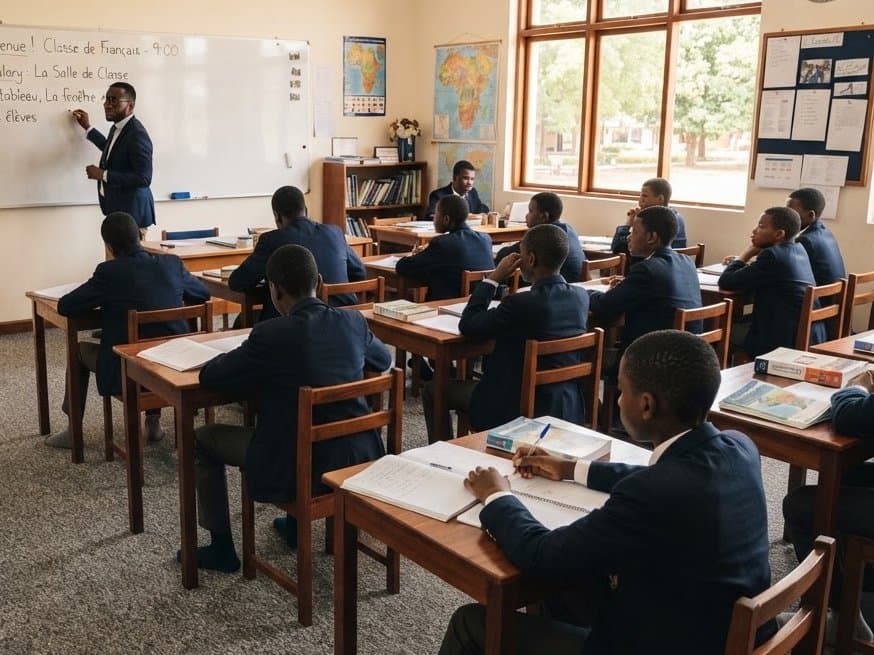 Students in a carpeted, shoe-free bilingual classroom