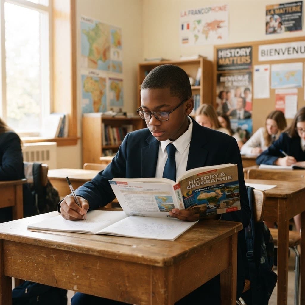 A student studying at his desk in a sunlit bilingual classroom